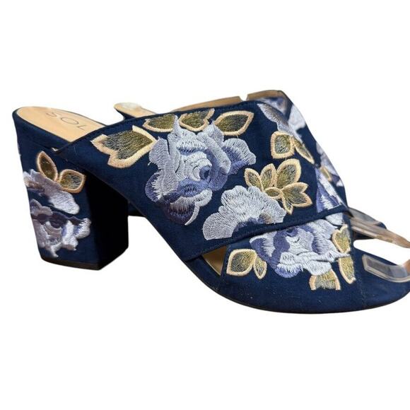 Sole Society Luella Womens Navy Blue Embroidered Floral Cross Sandals Heels 7.5 - Picture 1 of 16